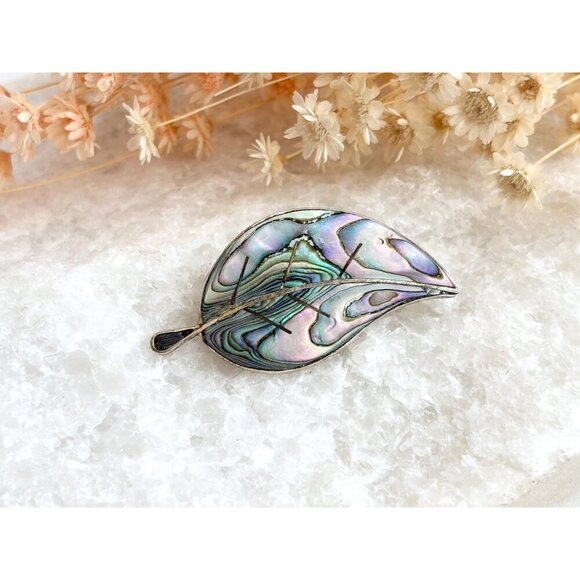 Leaf Shaped Beto of Taxco Abalone Shell Inlay Vintage Sterling Silver Brooch - Picture 4 of 10